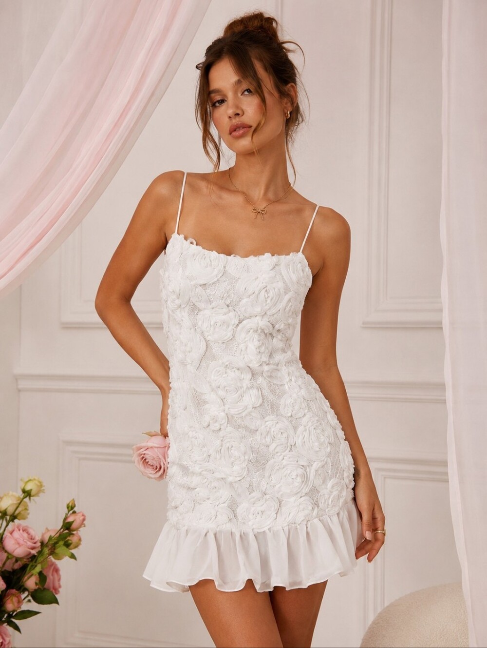 SUNFERE NWT Mini Dress Womens Small White Rosette Coquette Partycore Coastal